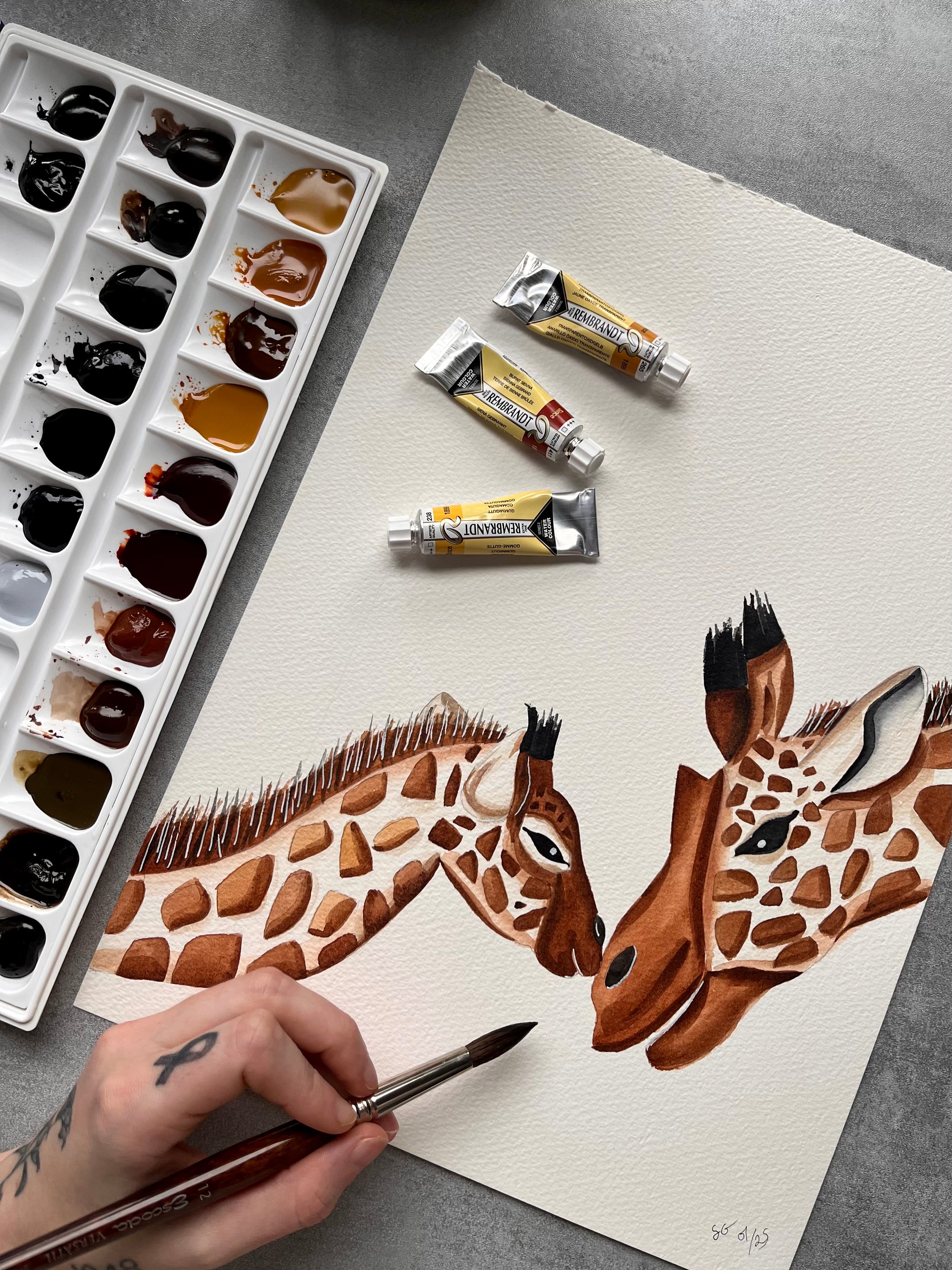 Aquarelle originale maman et bébé girafe - Susanna Gallery
