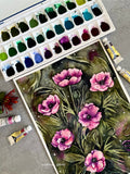 Aquarelle originale jardin secret d'anémones violets - Susanna Gallery