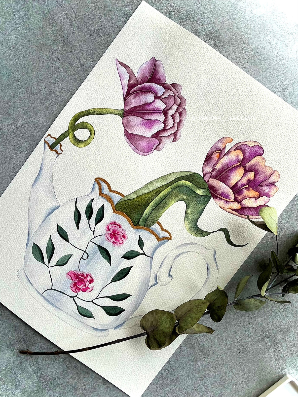 Aquarelle originale tulipes dans une théière - Susanna Gallery