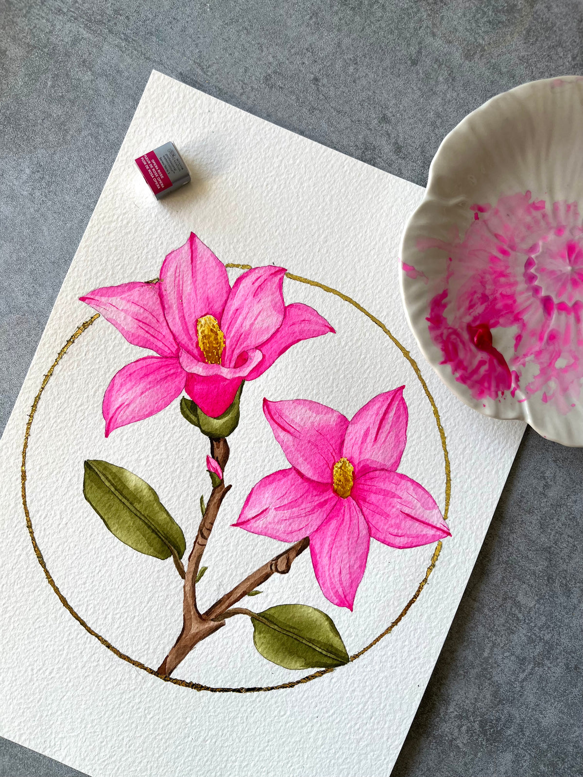 Aquarelle originale fleurs roses - Susanna Gallery