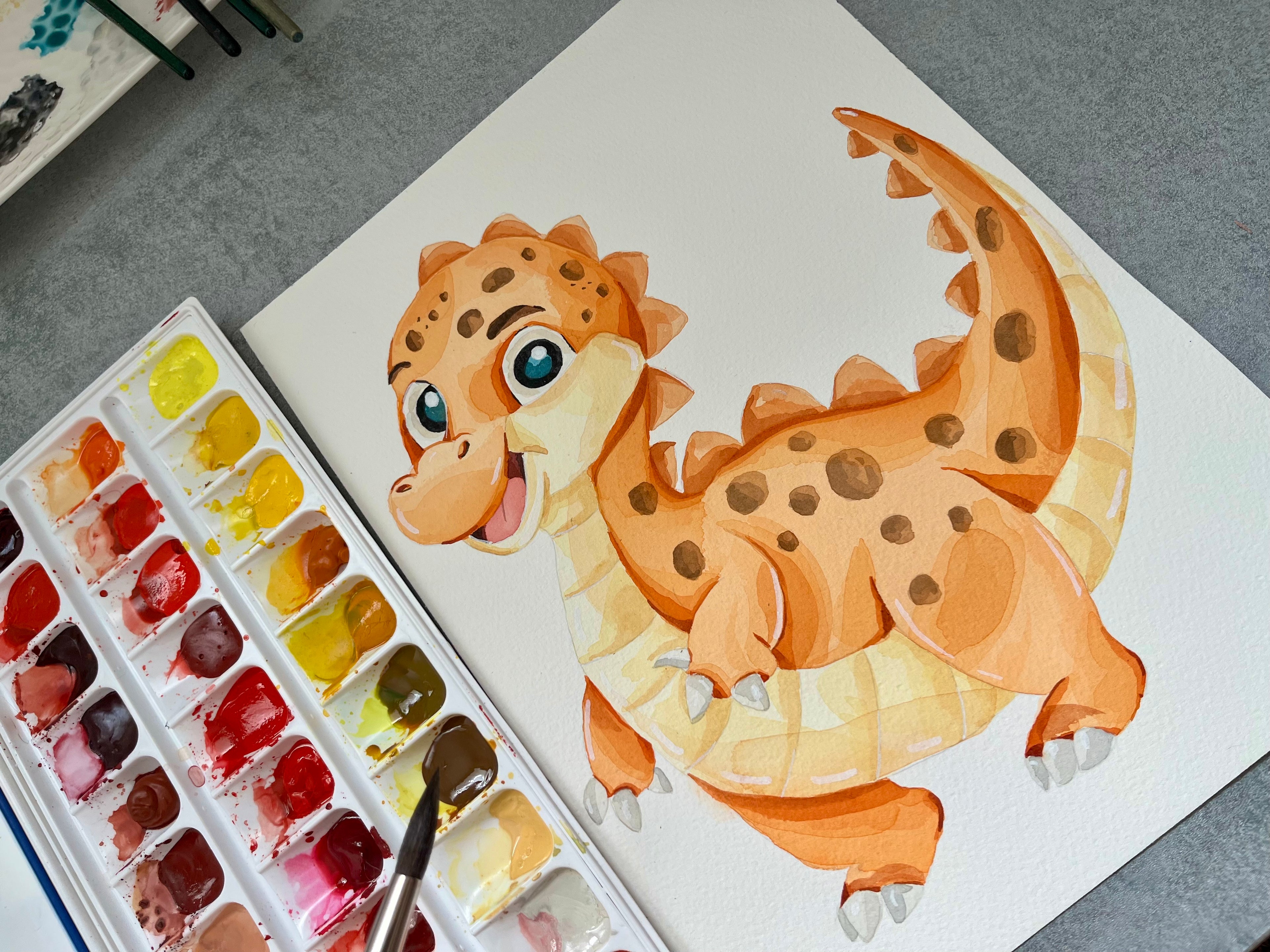 Aquarelle originale petit dinosaure orange - Susanna Gallery