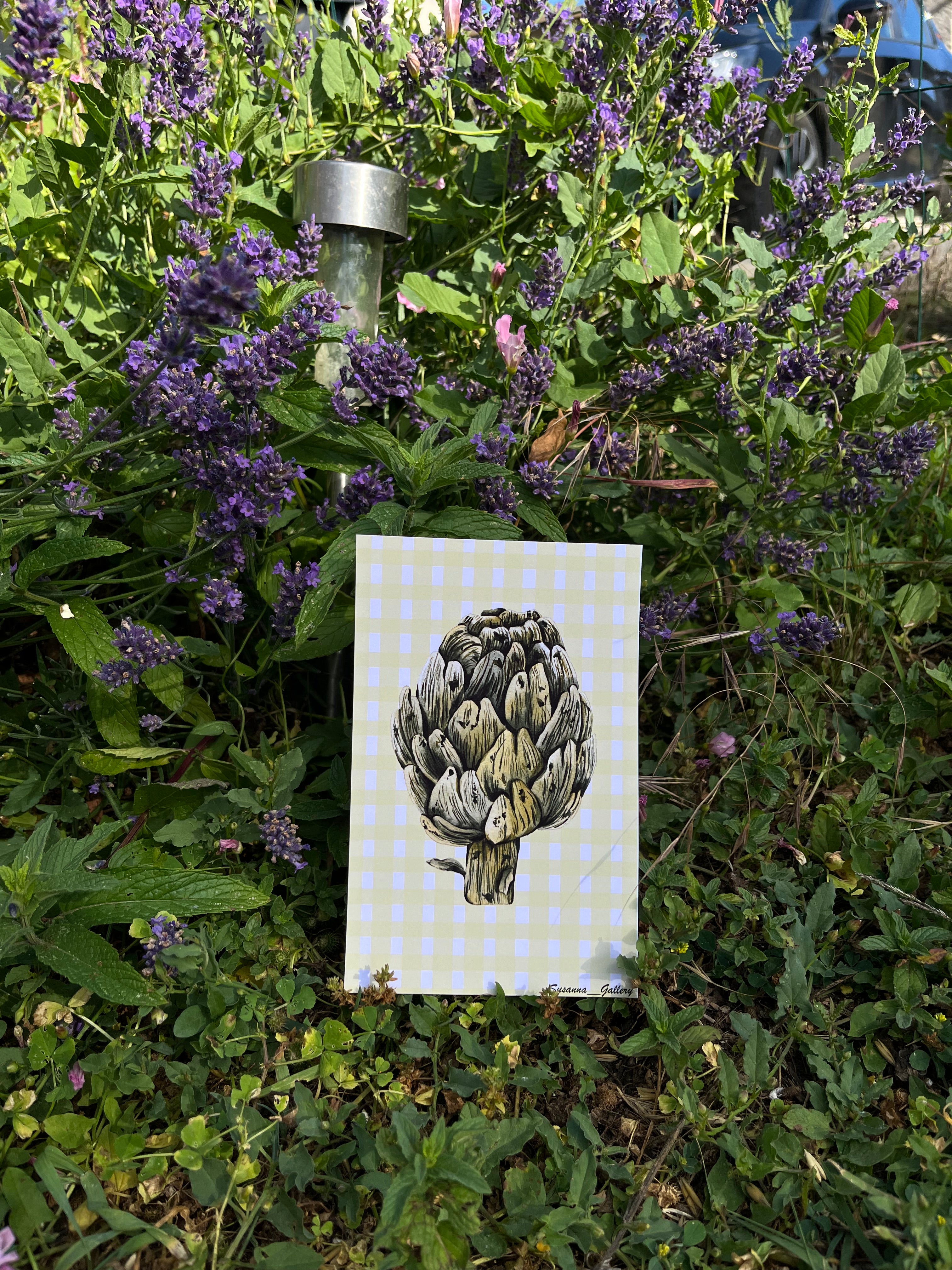 Carte imprimée artichaut fond vichy aquarelle - Susanna Gallery