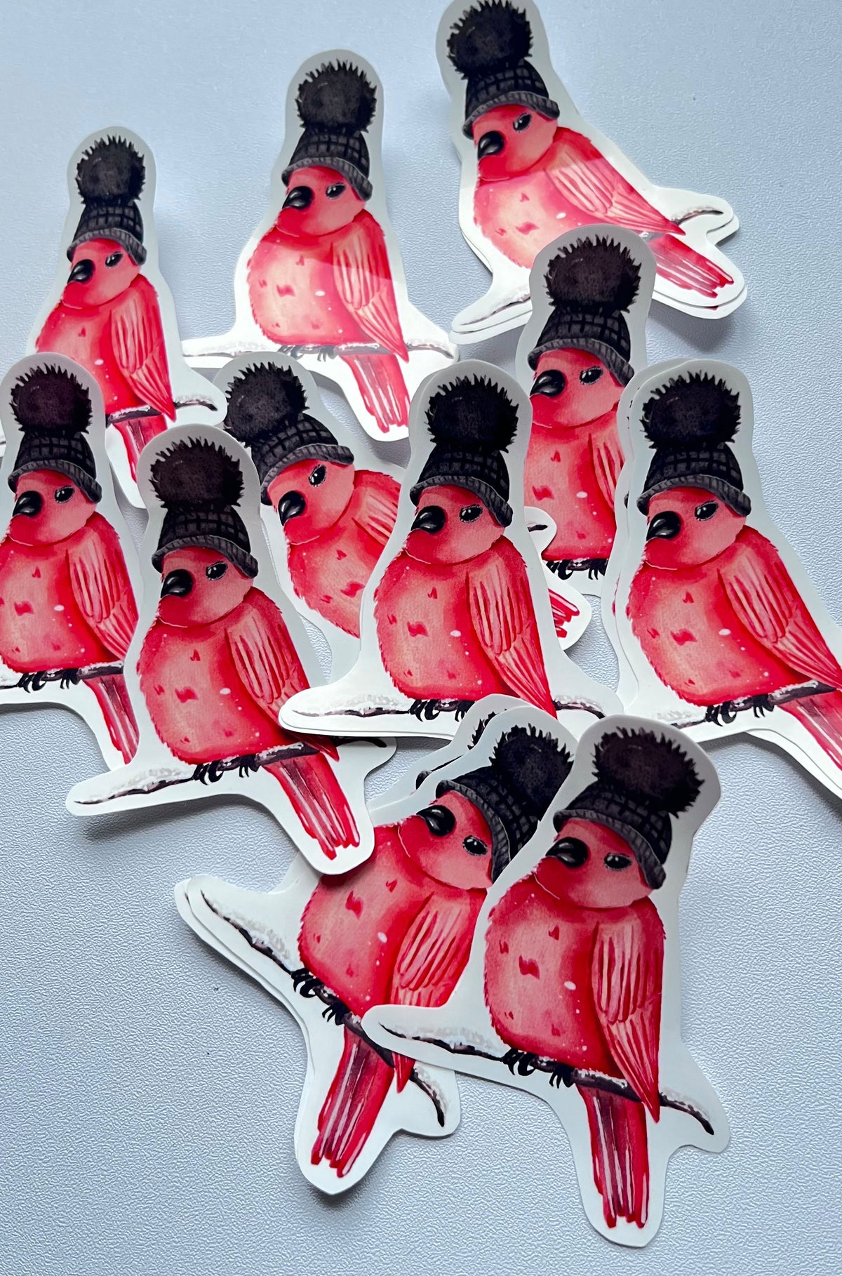 Stickers d’oiseaux rouges et roses portant un bonnet noir à pompon, perchés sur des branches enneigées et disposés sur un fond gris clair.
